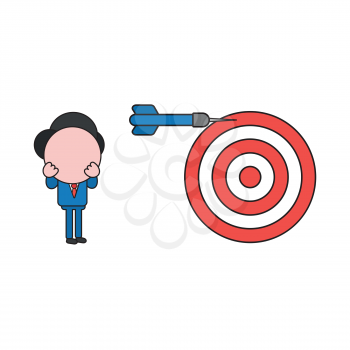 Vector illustration concept of businessman character with bulls eye and dart miss the target. Color and black outlines.