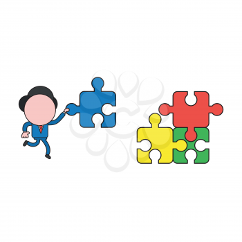 Vector illustration concept of businessman character running and carrying missing jigsaw puzzle piece. Color and black outlines.