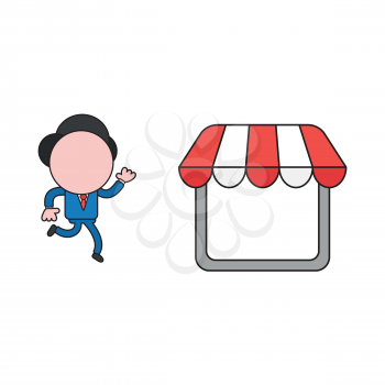 Vector illustration concept of businessman character running to shop store. Color and black outlines.
