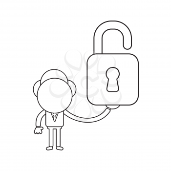 Vector illustration concept of businessman character holding opened padlock. Black outline.