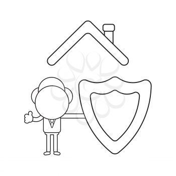 Vector illustration concept of businessman character under house roof, holding guard shield and showing thumbs-up. Black outline.