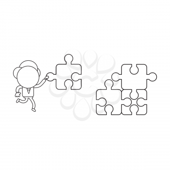 Vector illustration concept of businessman character running and carrying missing jigsaw puzzle piece. Black outline.