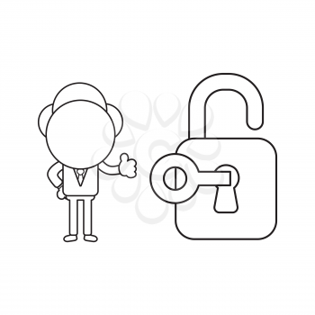 Vector illustration concept of businessman character unlocked padlock with key and giving thumbs-up. Black outline.