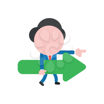 Vector cartoon illustration concept of faceless businessman mascot character walking, carrying green arrow symbol icon pointing right.
