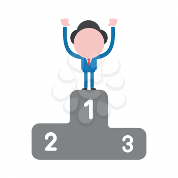 Vector cartoon illustration concept of faceless businessman mascot character on first place of winning podium symbol icon and raising arms up.