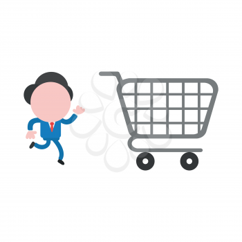 Vector cartoon illustration concept of faceless businessman mascot character running behind grey shopping cart symbol icon.