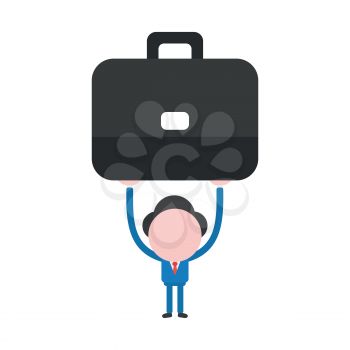 Vector cartoon illustration concept of faceless businessman mascot character holding up black briefcase symbol icon.