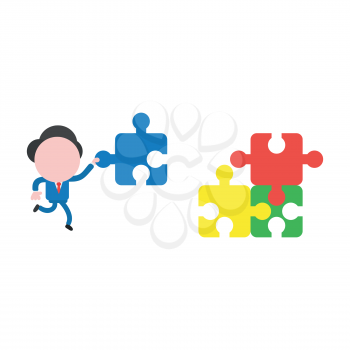 Vector cartoon illustration concept of faceless businessman mascot character running, holding and carrying blue missing jigsaw puzzle piece symbol icon.