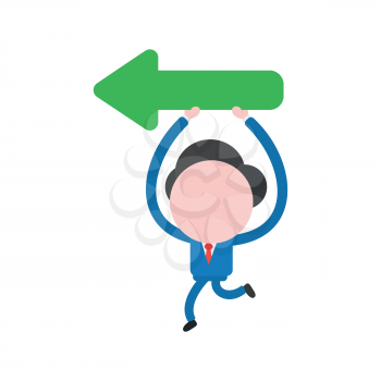Vector cartoon illustration concept of faceless businessman mascot character running holding up and carrying green arrow symbol icon showing left.