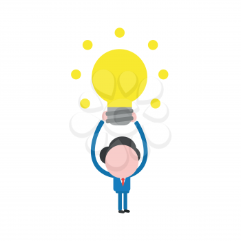 Vector illustration of businessman character lifting up and showing glowing yellow light bulb icon.