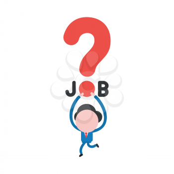 Vector illustration of businessman character running and holding up job word with big red question mark icon.
