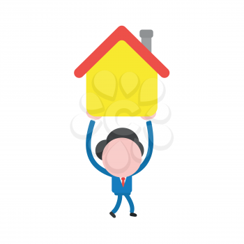 Vector illustration of businessman character walking, holding up, carrying yellow house icon.