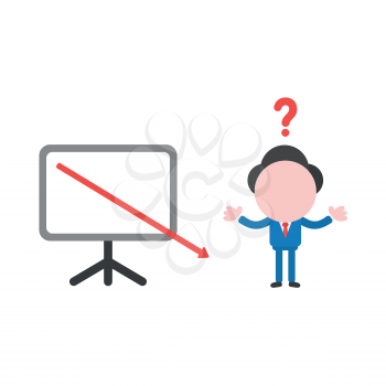 Vector illustration of confused businessman character with red arrow moving down and out of presentation board icon.