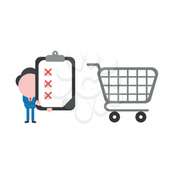 Vector illustration of businessman character with grey shopping cart and holding clipboard with paper and three red x mark symbols.