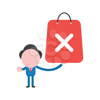 Vector illustration of businessman character holding red shopping bag icon with x mark symbol.