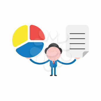 Vector illustration of businessman character holding three part diagram pie chart and written paper icon.