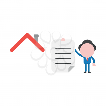 Vector illustration concept of businessman character with red house roof and holding written paper icon.