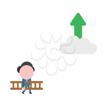 Vector illustration concept of businessman character carrying wooden ladder to reach arrow moving up on cloud icon.