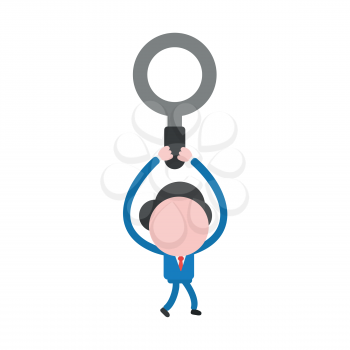 Vector illustration concept of businessman character walking and holding up magnifying glass icon.
