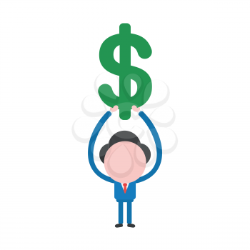 Vector illustration concept of businessman character holding up green dollar icon.