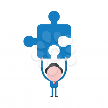 Vector illustration concept of businessman character holding up blue jigsaw puzzle piece icon.