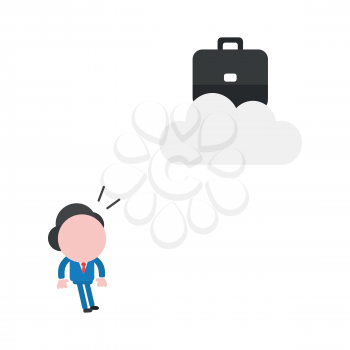 Vector illustration concept of businessman character looking black briefcase on gray cloud icon.