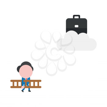 Vector illustration concept of businessman character walking carrying wooden ladder to reach black briefcase on gray cloud icon.