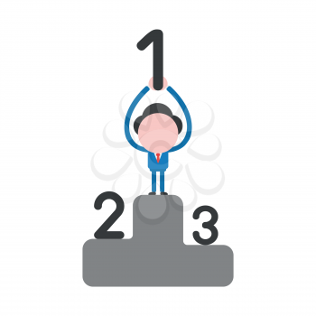 Vector illustration concept of businessman character on winners podium, first place and holding up number one icon. 