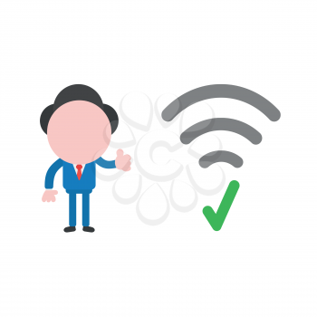 Vector illustration concept of businessman character with gray wireless wifi symbol, green check mark and giving thumbs up.