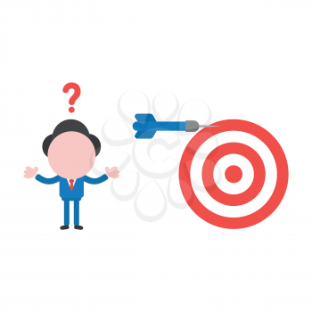 Vector illustration concept of confused businessman character with bulls eye and dart miss the target.