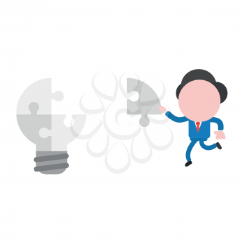 Vector illustration of faceless businessman character running and carrying missing jigsaw puzzle piece to puzzle light bulb idea.