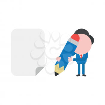 Vector illustration of faceless businessman character holding pencil to blank paper.