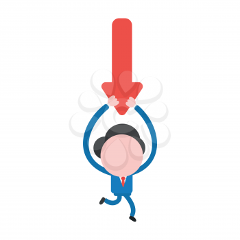Vector illustration of faceless businessman character running and carrying arrow moving down.