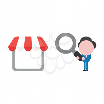 Vector illustration of faceless businessman character looking magnifying glass to shop store.