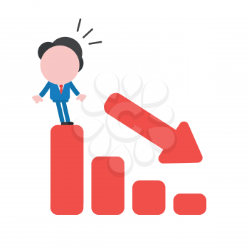 Vector illustration of faceless businessman character at top of sales bar chart moving down and surprised.