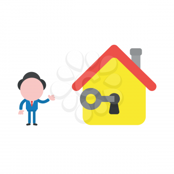 Vector illustration of faceless businessman character unlock house keyhole with key.
