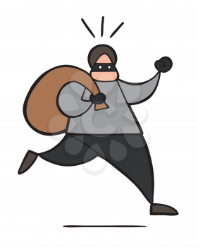 Vector illustration cartoon thief man with face masked running and carrying sack.