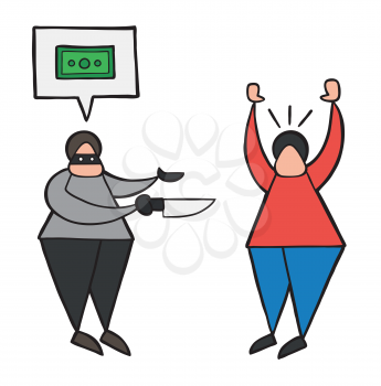 Vector illustration cartoon thief man with face masked with knife and want money with speech bubble from other man.