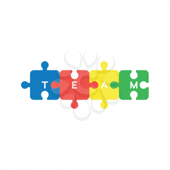 Flat design vector illustration concept of four jigsaw puzzle pieces symbol icon connected and team word written on white background.