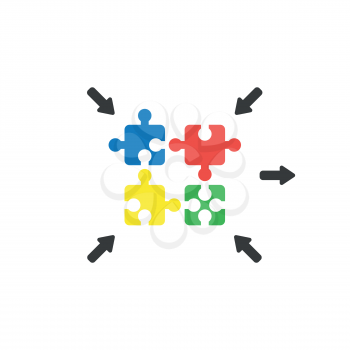 Flat design vector illustration concept of four jigsaw puzzle pieces symbol icon connecting on white background.