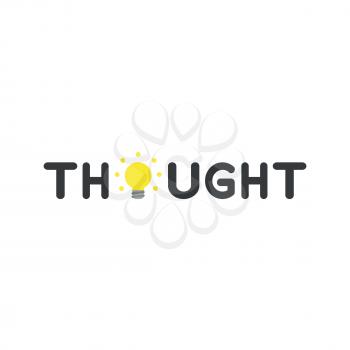 Flat design vector illustration concept of black thought word with glowing yellow light bulb symbol icon on white background.