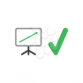 Flat design vector illustration concept of sales presentation chart with stand, green arrow moving up and green check mark symbol icon on white background.