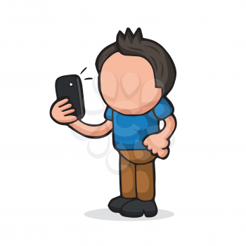 Vector hand-drawn cartoon illustration of man standing holding smartphone and taking selfie.
