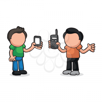 Vector hand-drawn cartoon illustration of two men show their new and old phones each other.