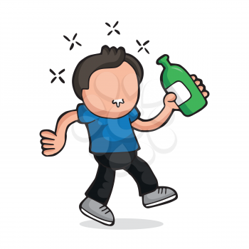 Vector hand-drawn cartoon illustration of drunk man walking holding bottle of beer.