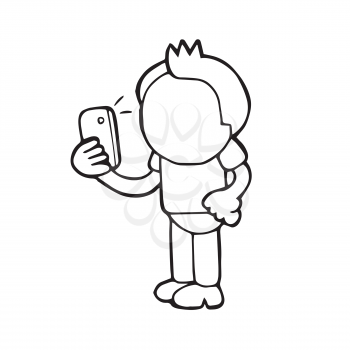 Vector hand-drawn cartoon illustration of man standing holding smartphone and taking selfie.