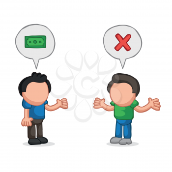 Vector hand-drawn cartoon illustration of man asking another man for money and refused.