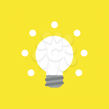 Flat vector icon concept of glowing light bulb on yellow background.
