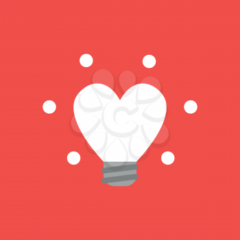 Flat vector icon concept of glowing heart-shaped light bulb on red background.