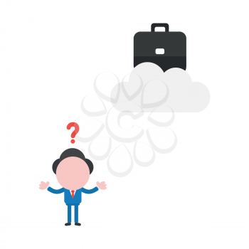 Vector illustration of faceless businessman character confused how reach to briefcase on cloud.